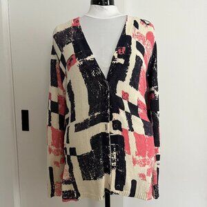 Anthropologie Field Flower 'Experimental Graphics' Pink and Navy Cardigan, sz L
